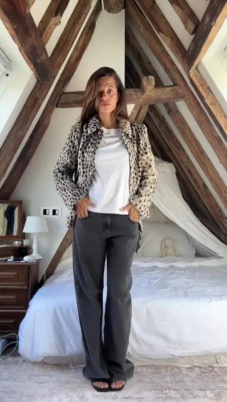 Womens leopard print coat with long sleeves and single breasted winter style