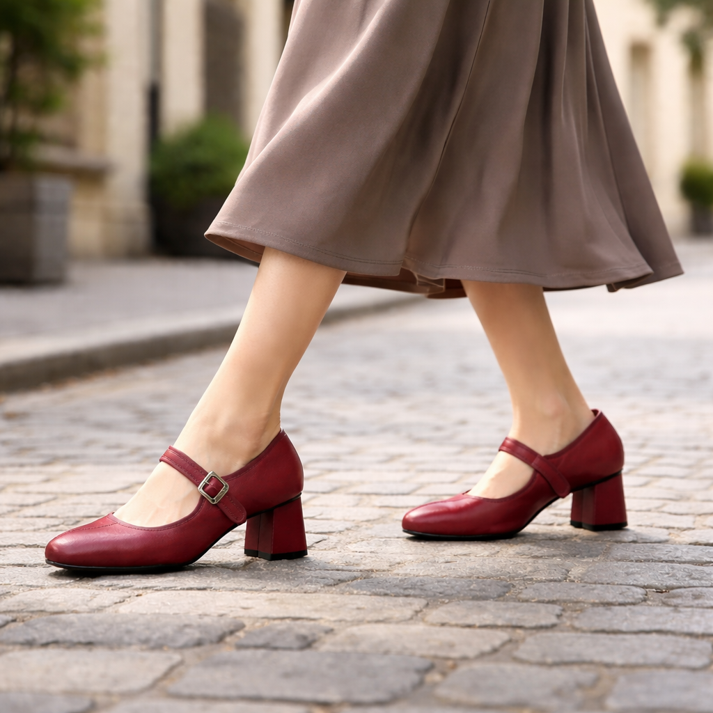 Women's Mary Jane shoes with block heel and velcro strap closure