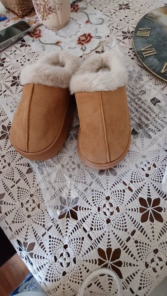 Women slipper boots fuzzy warm indoor anti-slip flat pull-on