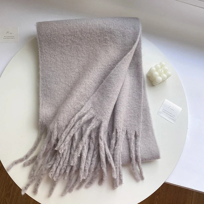 Women cashmere winter scarf tassel fringe solid color warm wrap