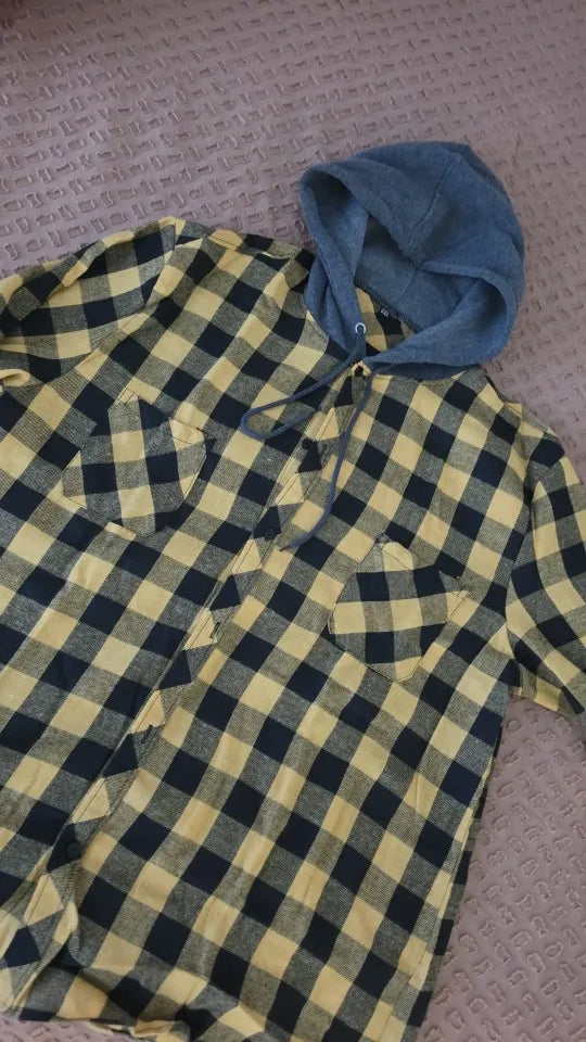 Mens plaid hooded jacket slim fit long sleeve, casual style