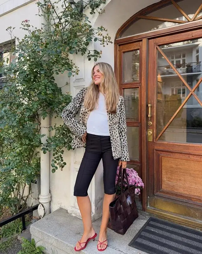 Womens leopard print coat with long sleeves and single breasted winter style