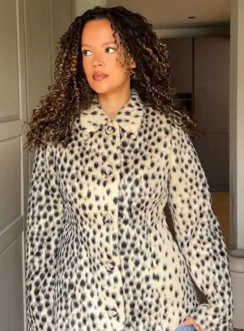 Womens leopard print coat with long sleeves and single breasted winter style