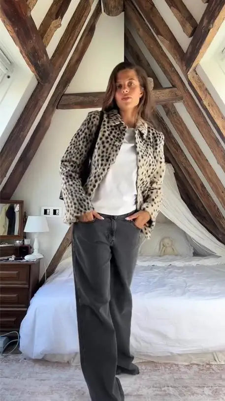 Womens leopard print coat with long sleeves and single breasted winter style