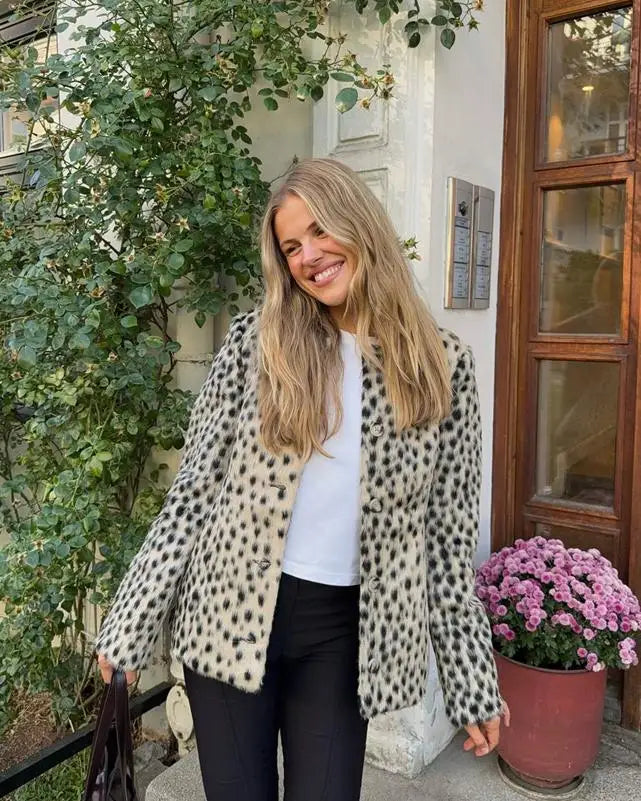 Womens leopard print coat with long sleeves and single breasted winter style