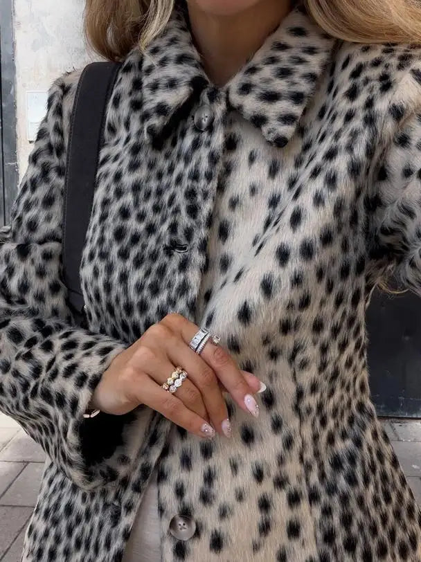Womens leopard print coat with long sleeves and single breasted winter style