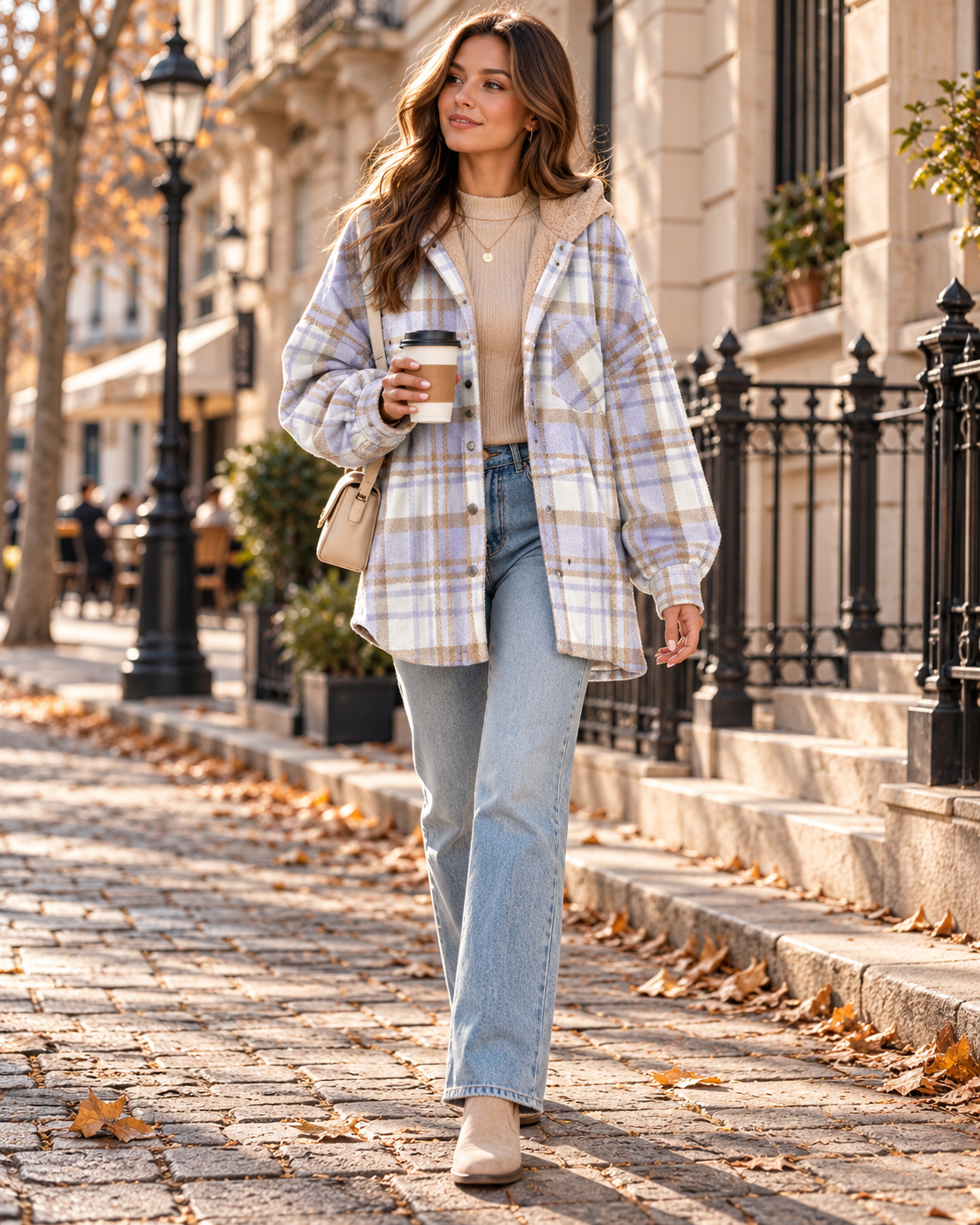 Women's plaid hooded jacket oversized flannel with button front and chest pocket