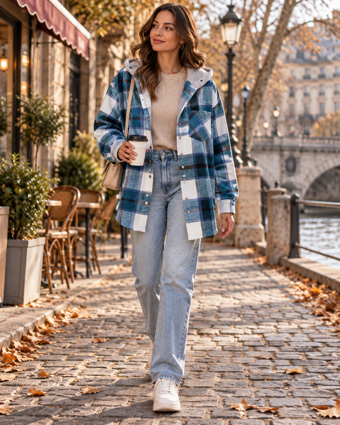 Women's plaid hooded jacket oversized flannel with button front and chest pocket