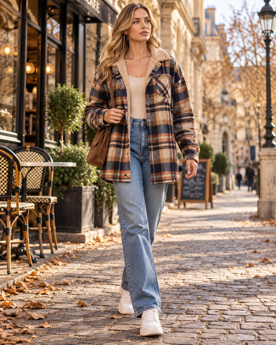 Women's plaid hooded jacket oversized flannel with button front and chest pocket