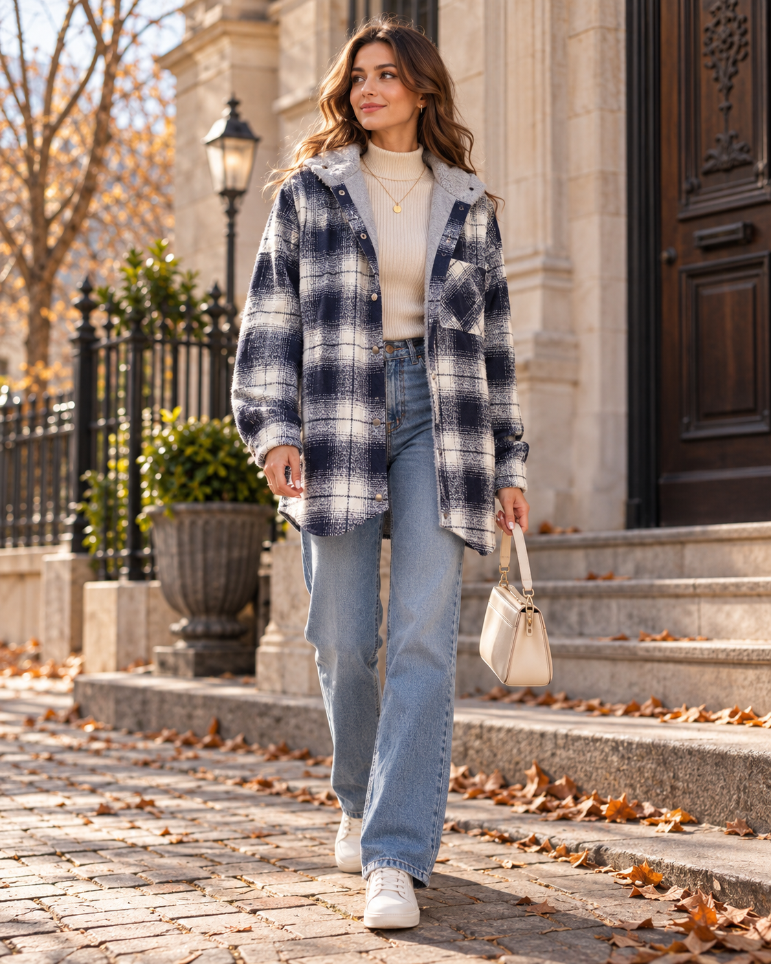 Women's plaid hooded jacket oversized flannel with button front and chest pocket