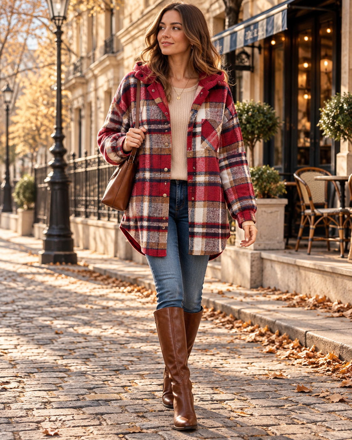 Women's plaid hooded jacket oversized flannel with button front and chest pocket