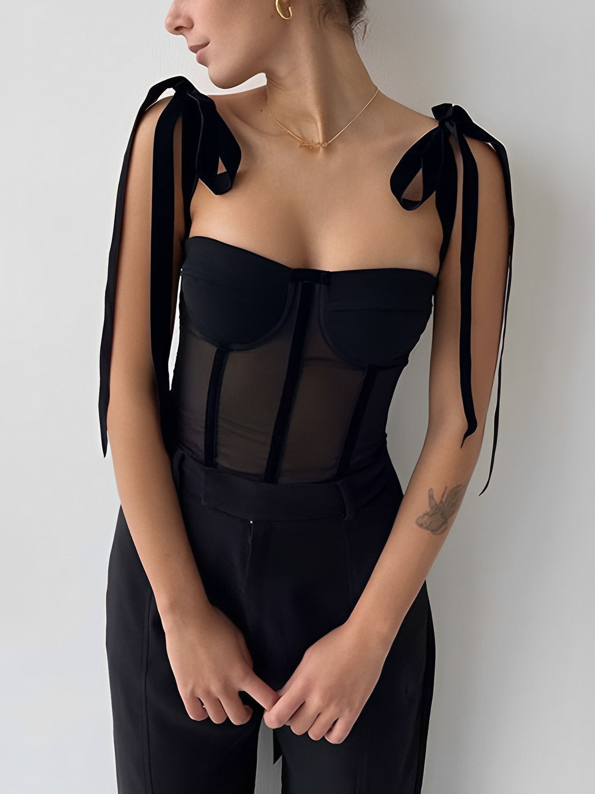 Bustier top | Women, mesh fabric, velvet detail | Sheer bodycon fit