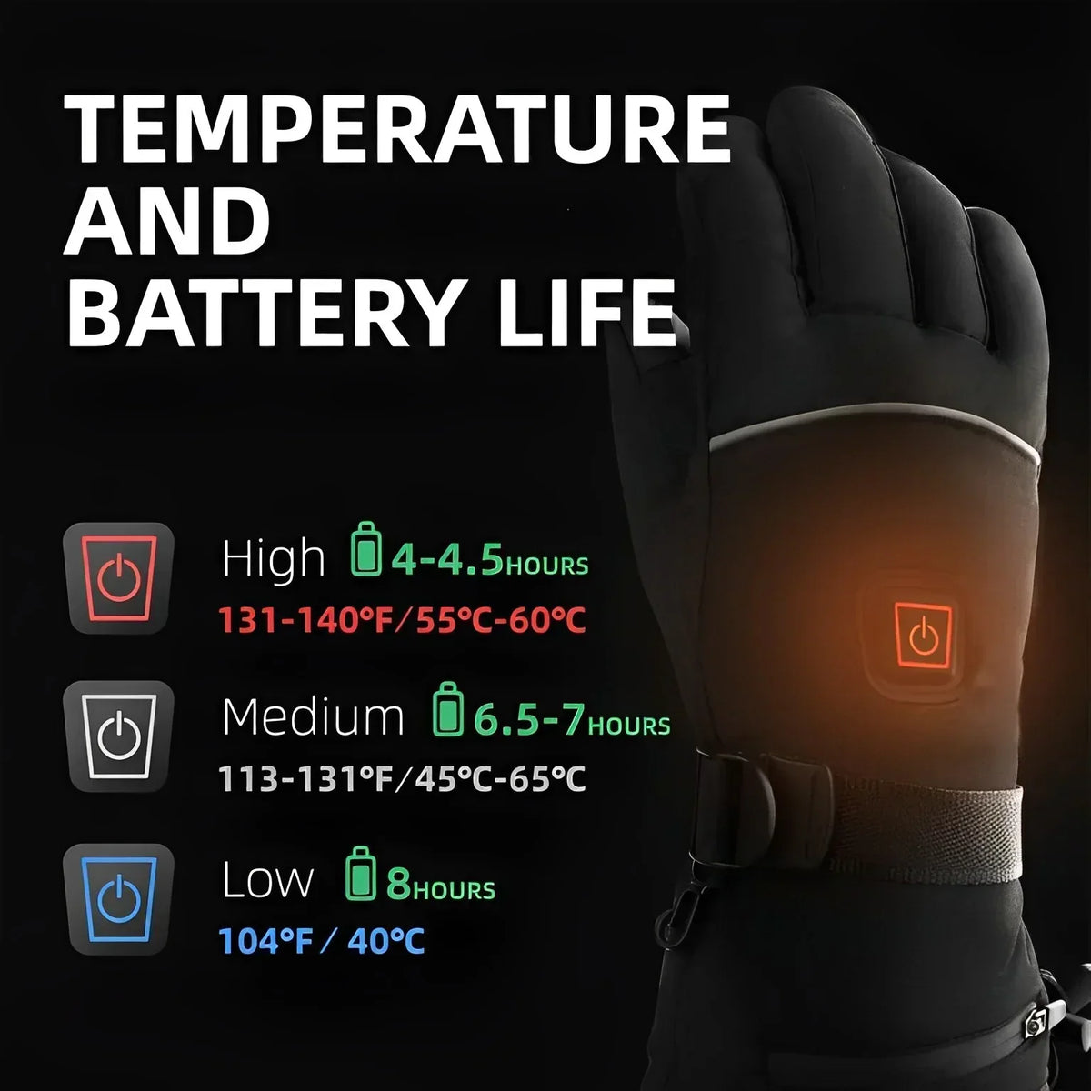Heated Gloves | Rechargeable, 3 Heat Settings | 8 Hour Battery Life