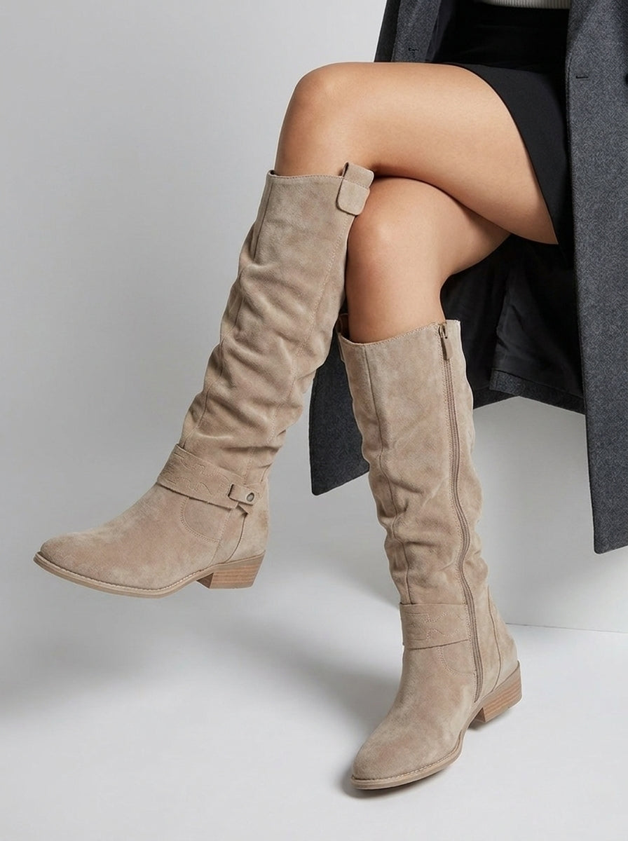 Womens knee high cowboy boots in suede with block heel and western style