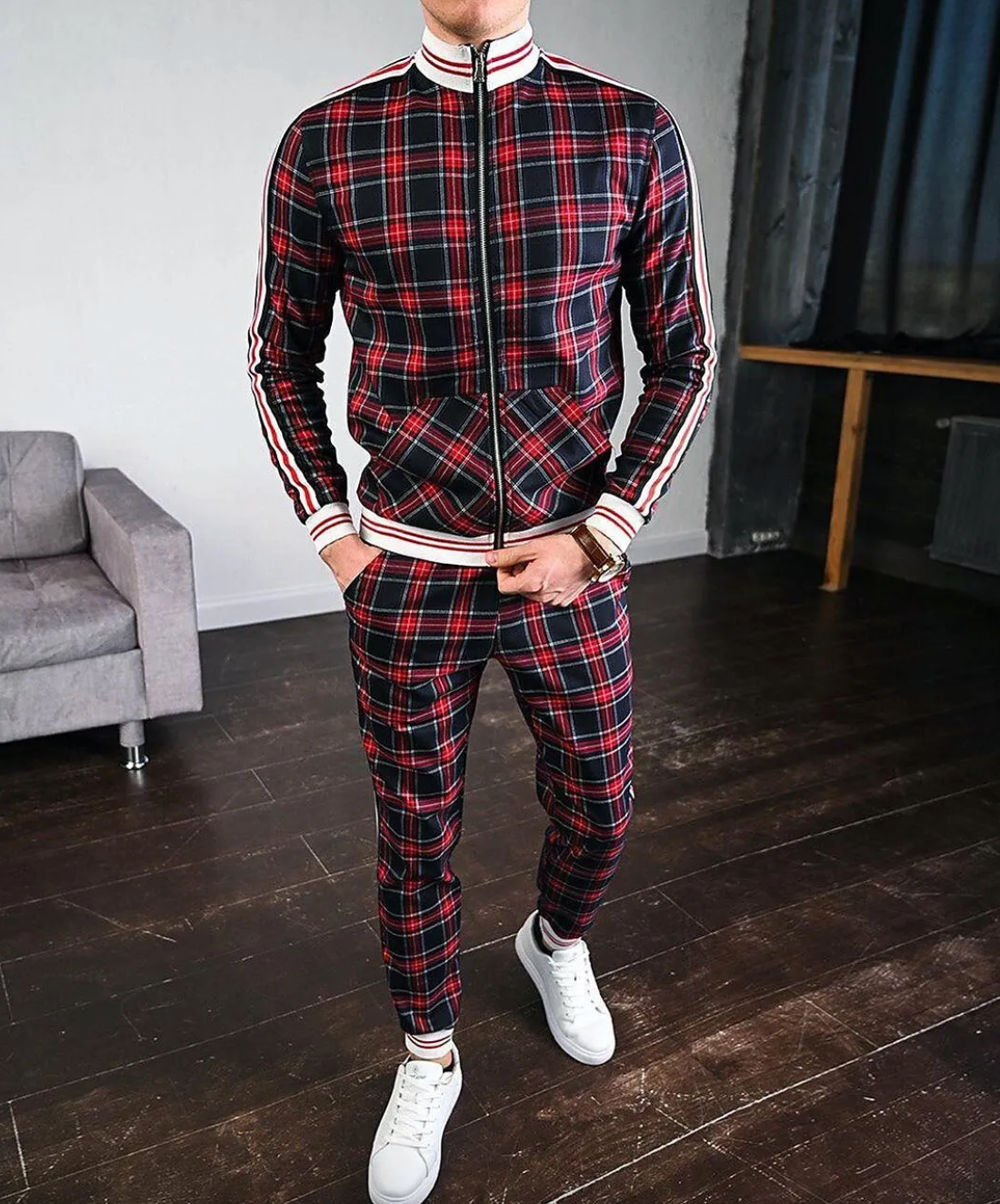Men's Tracksuit | Slim Fit, Plaid Pattern | 2-Piece Set