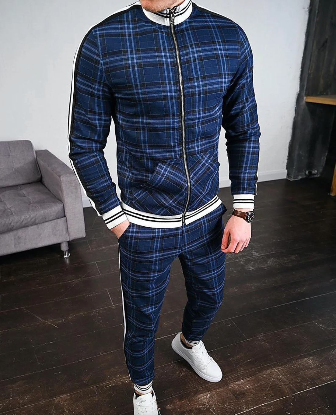 Men's Tracksuit | Slim Fit, Plaid Pattern | 2-Piece Set
