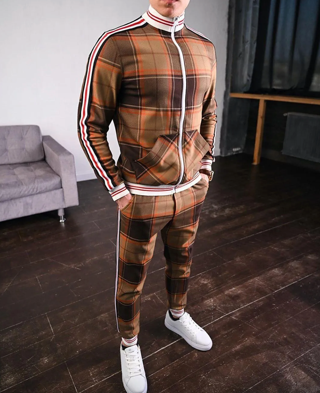 Men's Tracksuit | Slim Fit, Plaid Pattern | 2-Piece Set