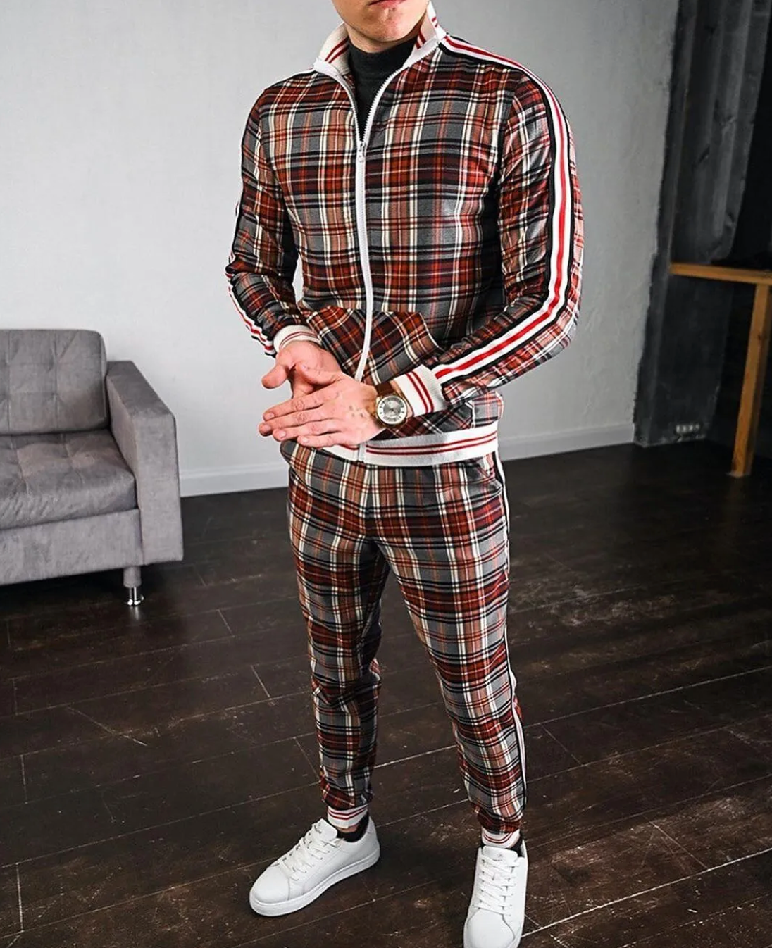 Men's Tracksuit | Slim Fit, Plaid Pattern | 2-Piece Set