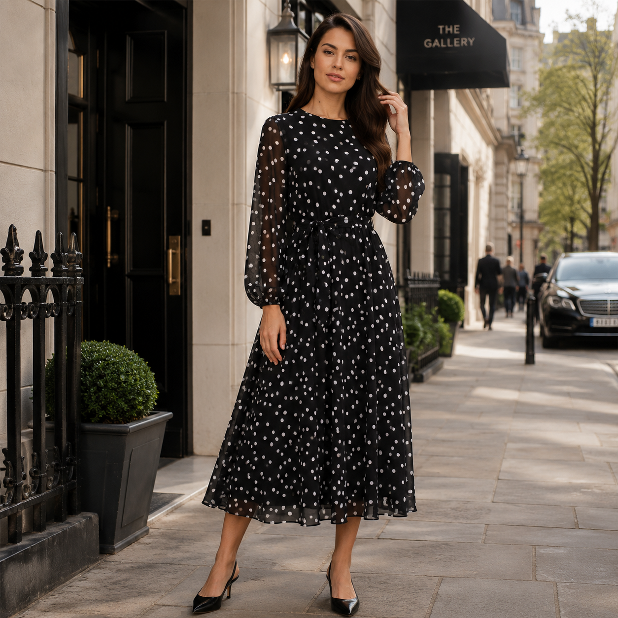 Summer Linen Dress | Loose Fit, Coffee Polka Dot | A-Line Midi