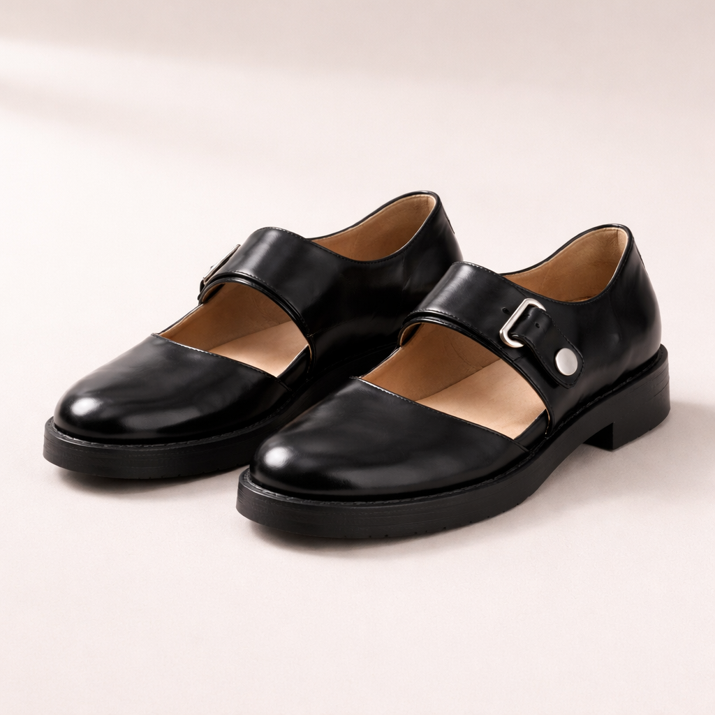 Women's Mary Jane Shoes | Black Leather, Buckle Strap | Chunky Flats