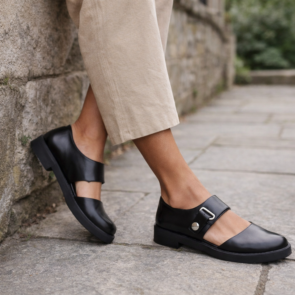 Women's black Mary Jane shoes with adjustable strap and orthopedic support