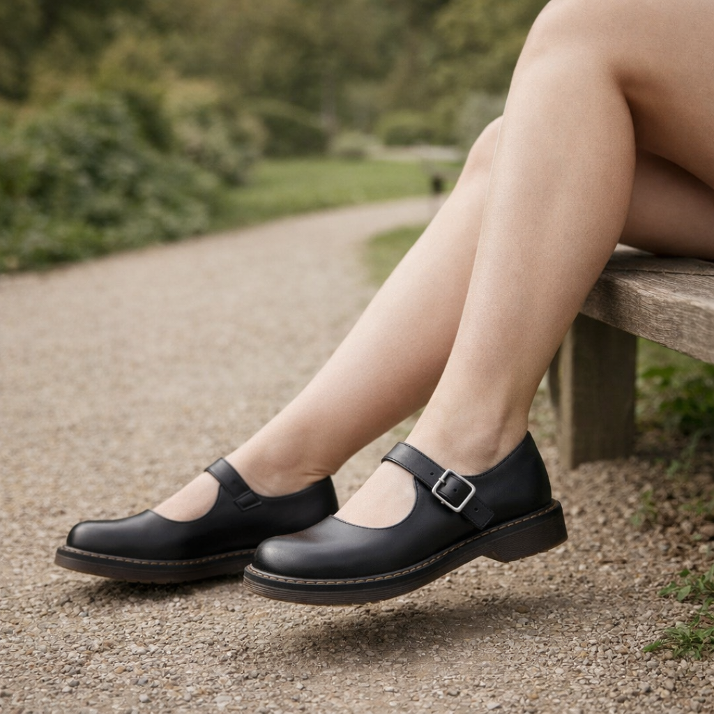 Women's Mary Jane shoes in flat leather with vintage buckle strap