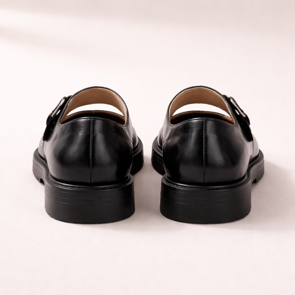 Women's Mary Jane Shoes | Black Leather, Buckle Strap | Chunky Flats