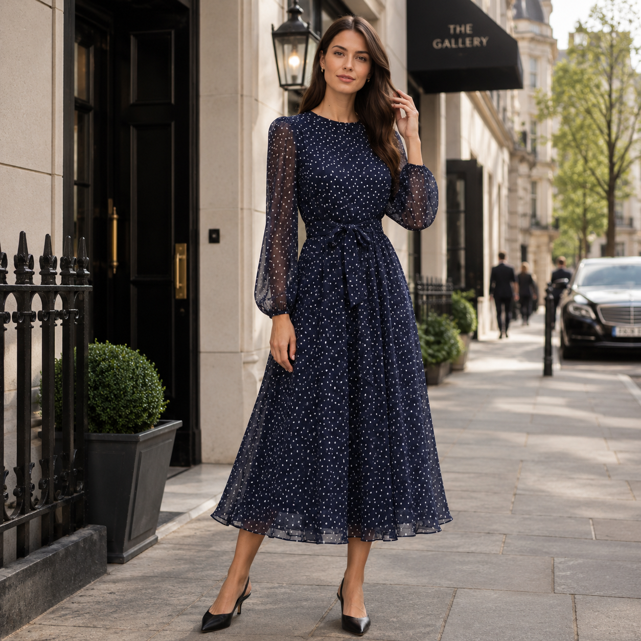 Summer Linen Dress | Loose Fit, Coffee Polka Dot | A-Line Midi