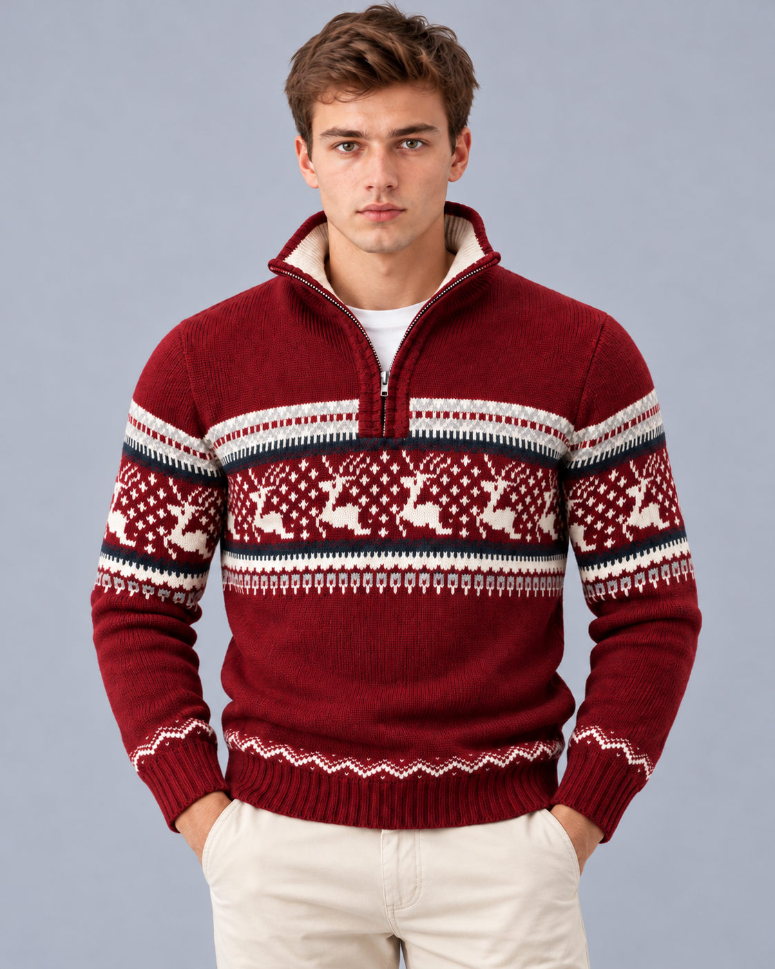 Mens Christmas jumper quarter zip with Fair Isle reindeer pattern, relaxed fit
