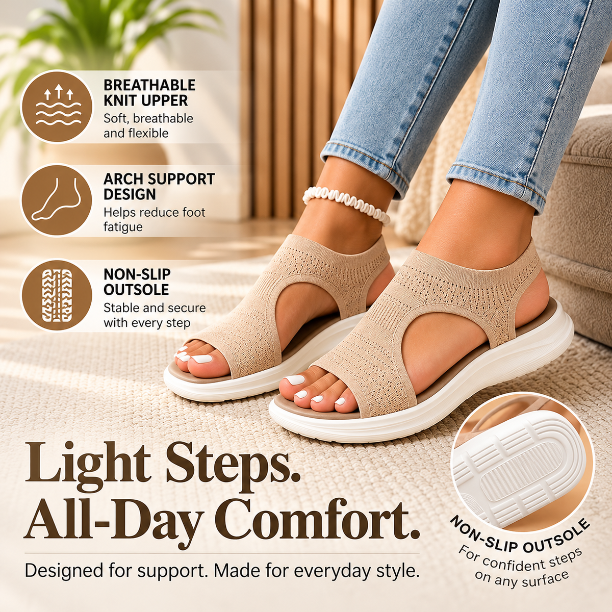 Orthopedic Sandals | Women's Knit Slip On Sandals | Contoured Footbed