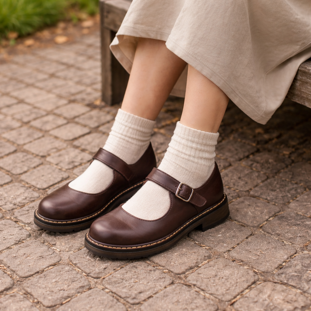 Women's Mary Jane shoes with buckle strap and low heel in leather