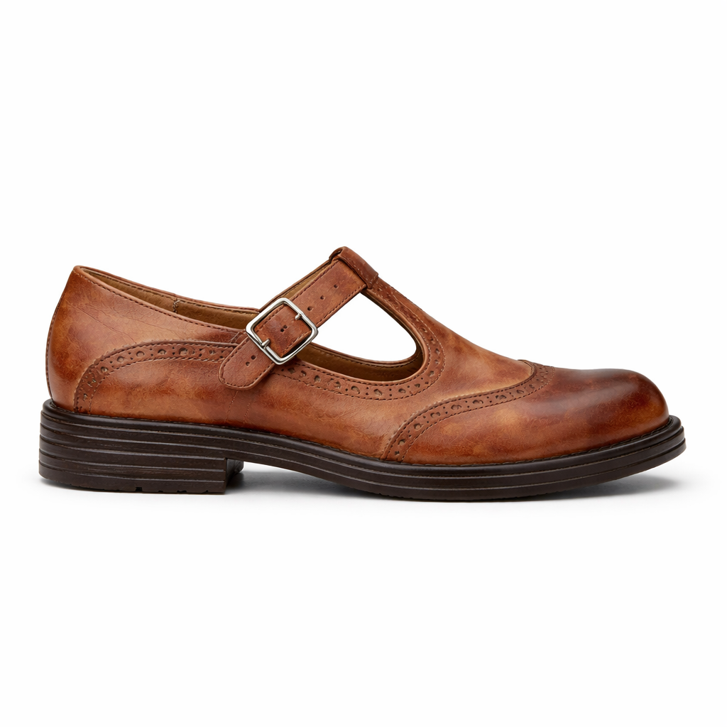 Women's Mary Jane Shoes | Leather Brogue Flats | Buckle Strap