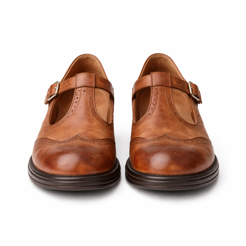 Women's Mary Jane Shoes | Leather Brogue Flats | Buckle Strap