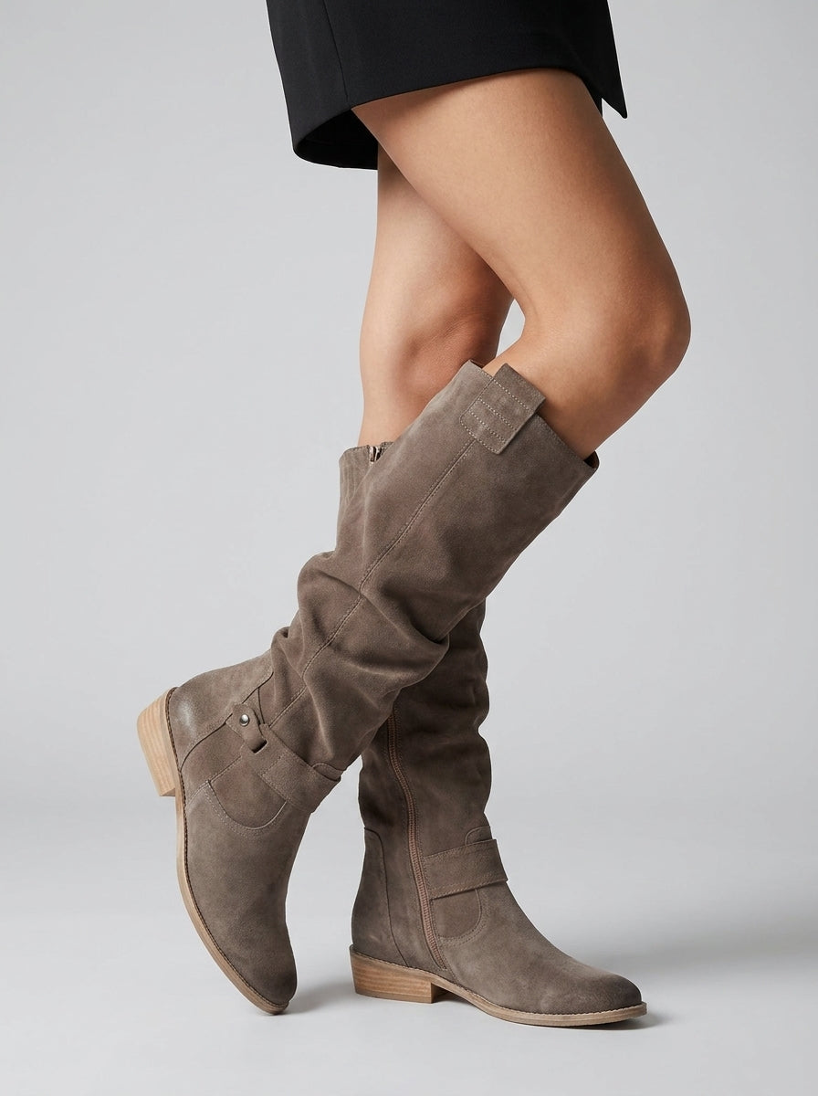 Womens knee high cowboy boots in suede with block heel and western style