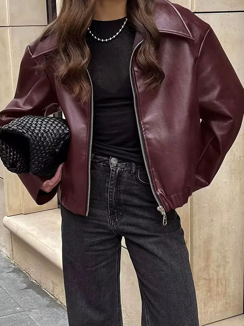 Women's Oversized Bomber Jacket | Burgundy Leather, Zip-Up