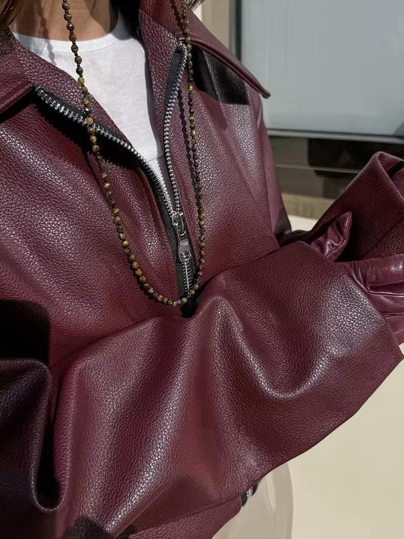 Women's Oversized Bomber Jacket | Burgundy Leather, Zip-Up