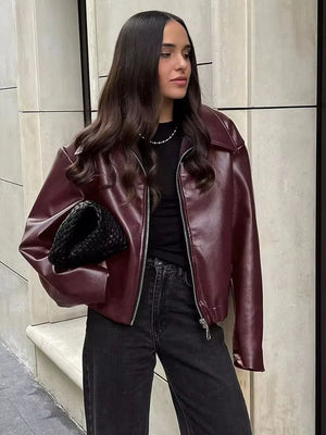 Women's Oversized Bomber Jacket | Burgundy Leather, Zip-Up
