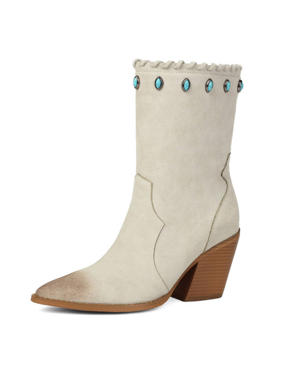 Women plus size western ankle cowgirl boots pointed toe cream with turquoise studs