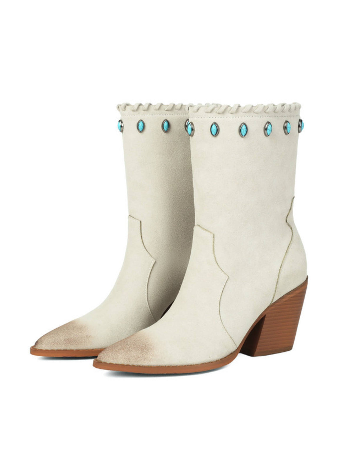 Women plus size western ankle cowgirl boots pointed toe cream with turquoise studs