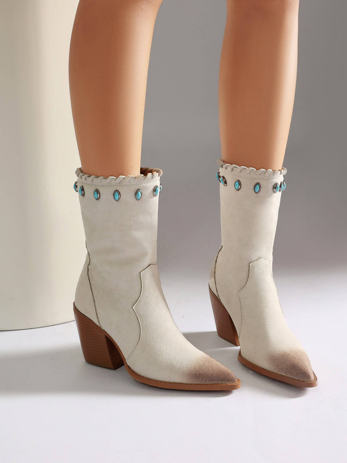 Women plus size western ankle cowgirl boots pointed toe cream with turquoise studs