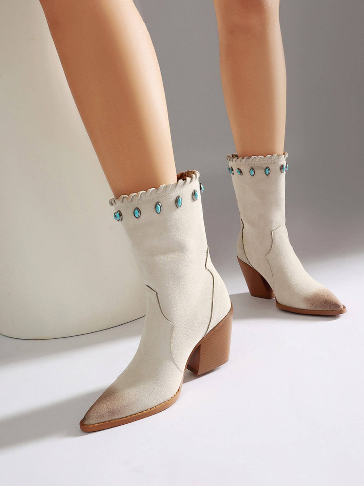 Women plus size western ankle cowgirl boots pointed toe cream with turquoise studs