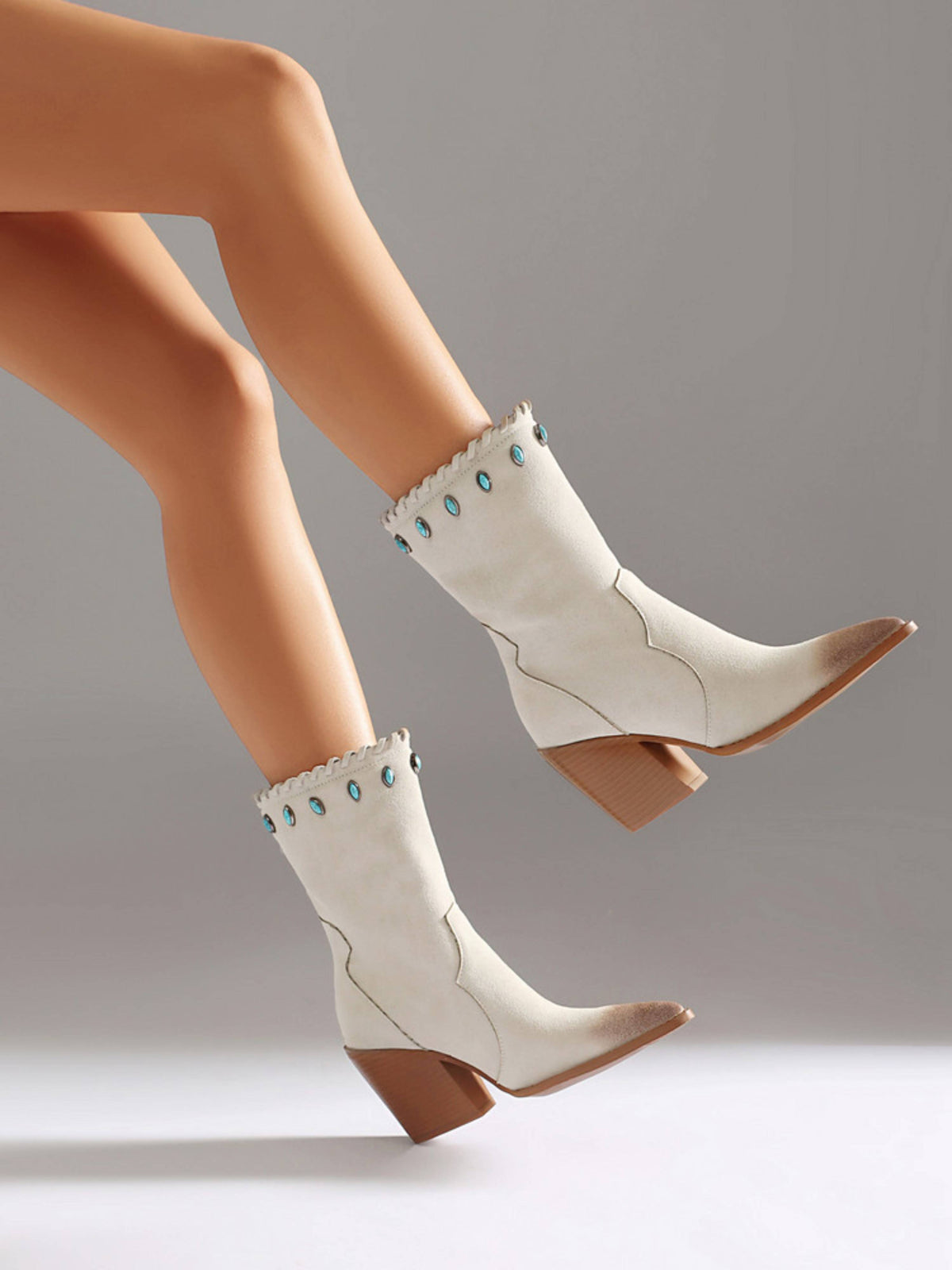Women plus size western ankle cowgirl boots pointed toe cream with turquoise studs