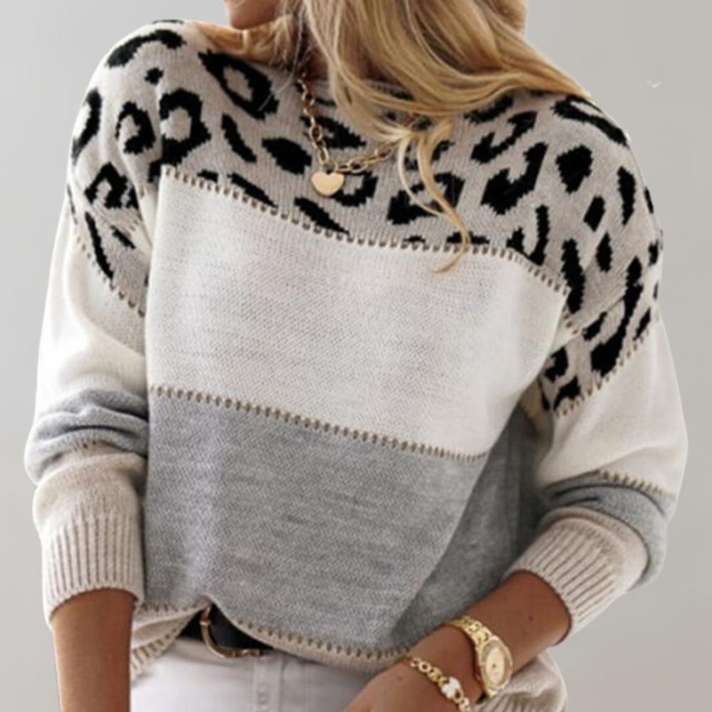 Women color block leopard print knit sweater relaxed fit