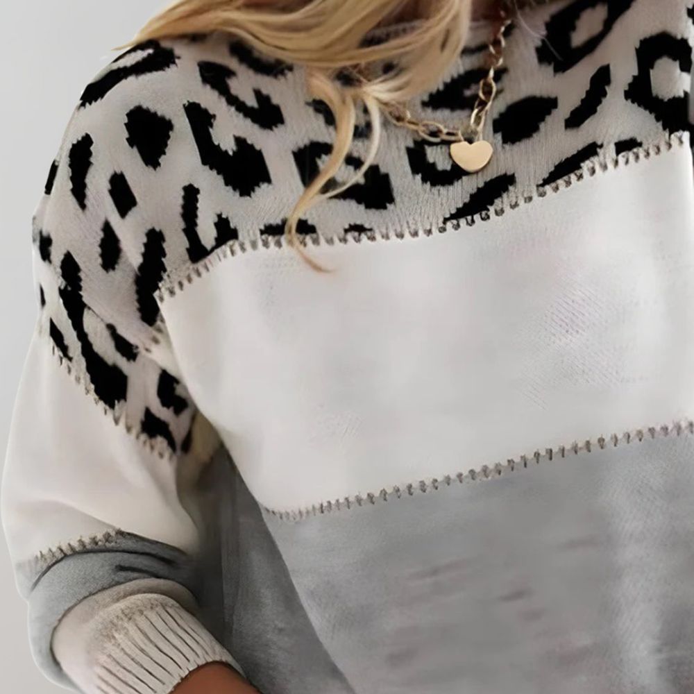 Women color block leopard print knit sweater relaxed fit