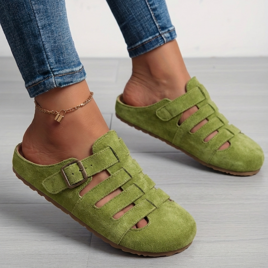 Women slip-on mule sandals with buckle and contoured supportive footbed
