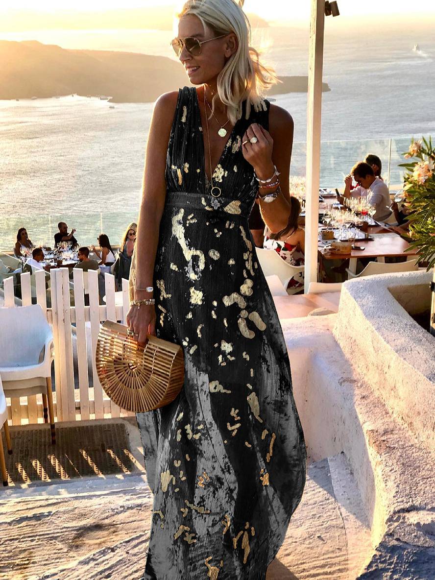 Lune London Bronze Glossy Sequins V-Neck Sleeveless Long Elegant Evening Dress