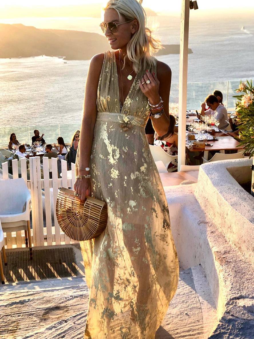 Lune London Bronze Glossy Sequins V-Neck Sleeveless Long Elegant Evening Dress