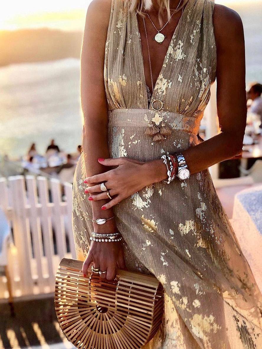 Lune London Bronze Glossy Sequins V-Neck Sleeveless Long Elegant Evening Dress