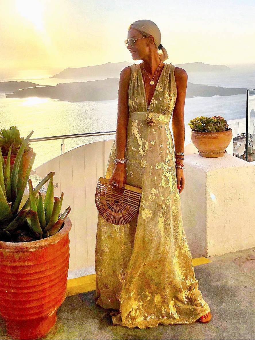Lune London Bronze Glossy Sequins V-Neck Sleeveless Long Elegant Evening Dress
