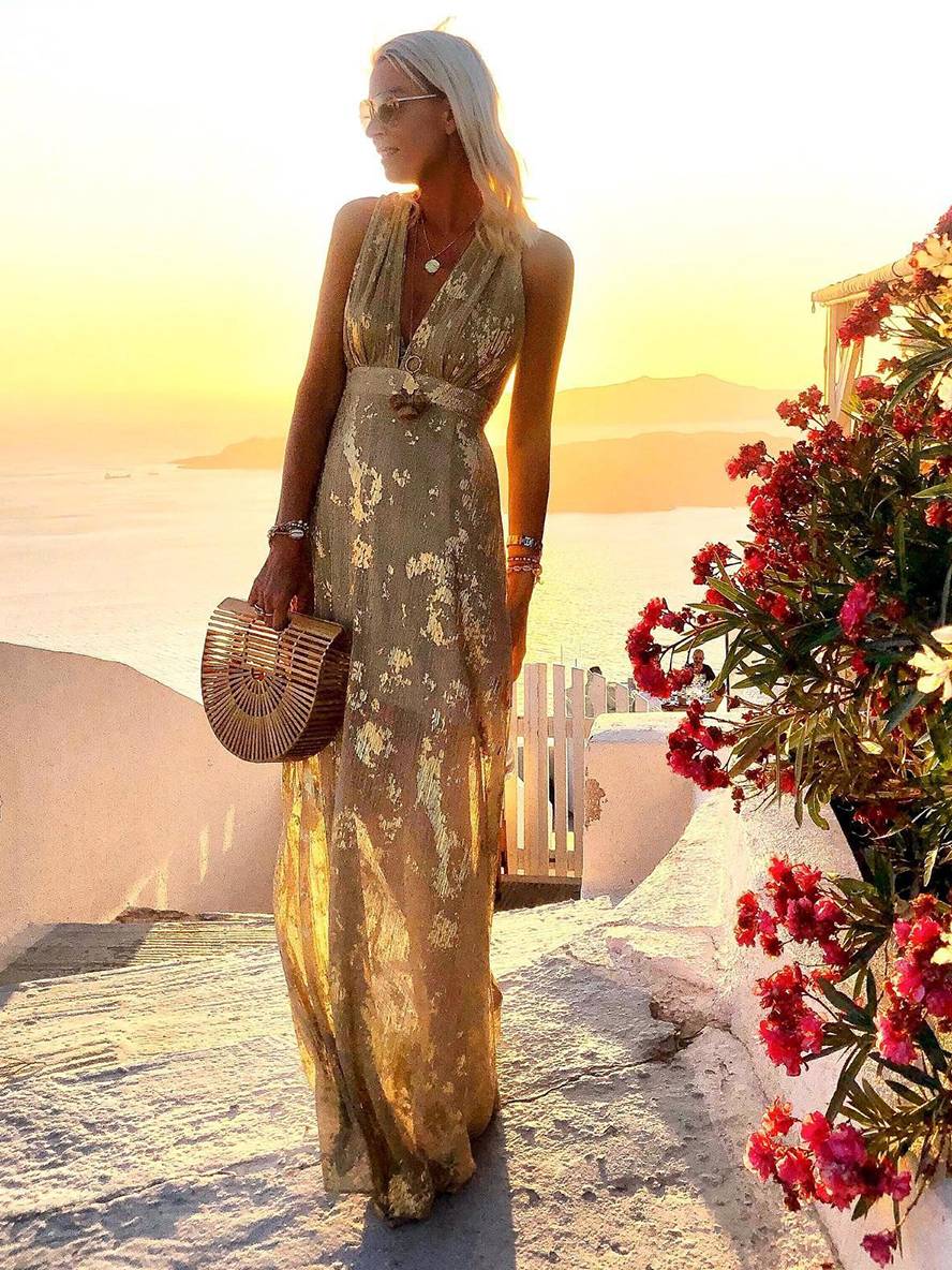 Lune London Bronze Glossy Sequins V-Neck Sleeveless Long Elegant Evening Dress